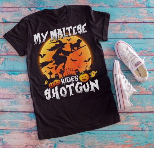 My Maltese rides shotgun Halloween T-shirt,