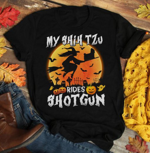 My Shih Tzu rides shotgun Halloween T-shirt