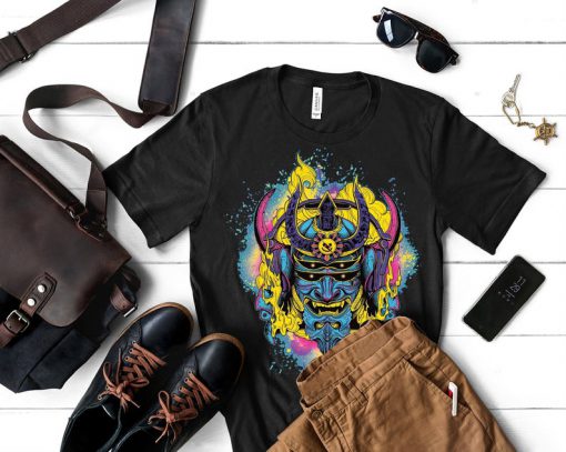 Samurai unisex t-shirt; colorful samurai head t-shirt