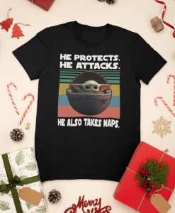 Baby Yoda Protects, Attacks and Naps T Shirt