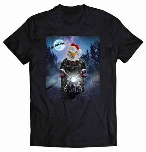 Bald Eagle Santa on Bike Crossing Forest Tshirt