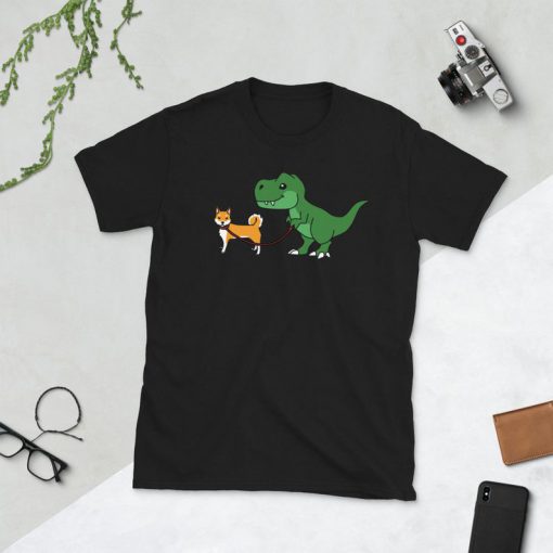 T Rex Dinosaur Walking Shiba Inu T-Shirt