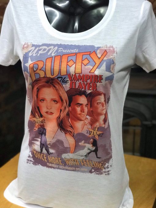 Buffy the Vampire Slayer - White T-Shirt. Men's & Women's all sizes. Once more with feeling. Sarah Michelle gellar.