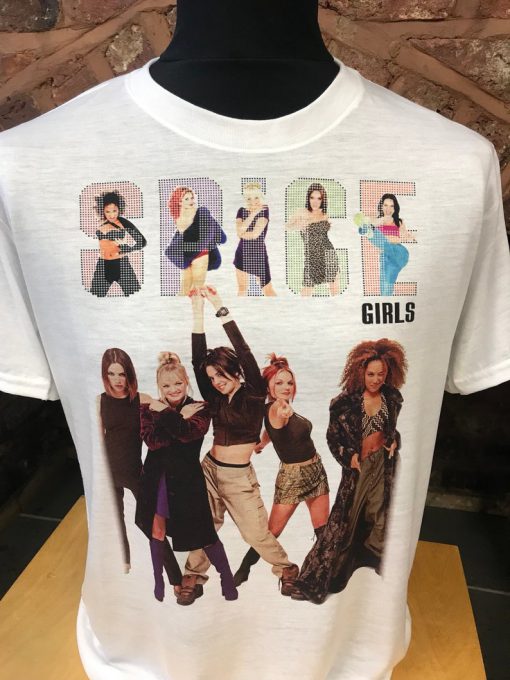 Spice Girls - White T Shirt! 90's, Spiceworld, Geri, Victoria, Emma, Mel B, Mel C. Men's & Women's all sizes. 2 become 1