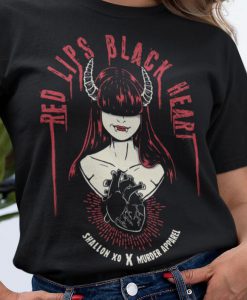 Red Lips Black Heart Goth Satan Girl T-Shirt