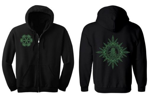 Unisex GANJA MANDALA Hoodie Psychedelic Tattoo Style Cannabis Sacred Geometry Herb Natural Cosmic Medicinal Marijuana Twoside