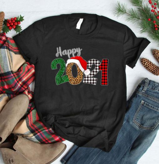 Happy 2021 Happy New Year Buffalo Plaid Leopard Christmas TShirt, Christmas Family Tee, Happy New Year 2021, Merry Christmas, Plaid Reindeer