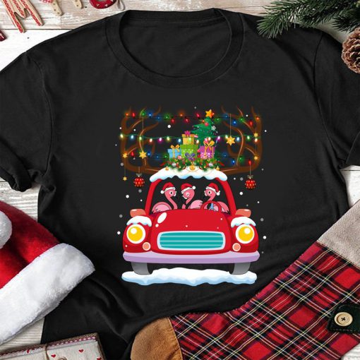 Reindeer Xmas Car Flamingo Christmas Holiday Tshirt