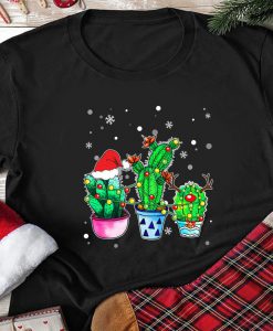 Santa Reindeer Cactus Christmas Funny Plant Noel Gift Tshirt