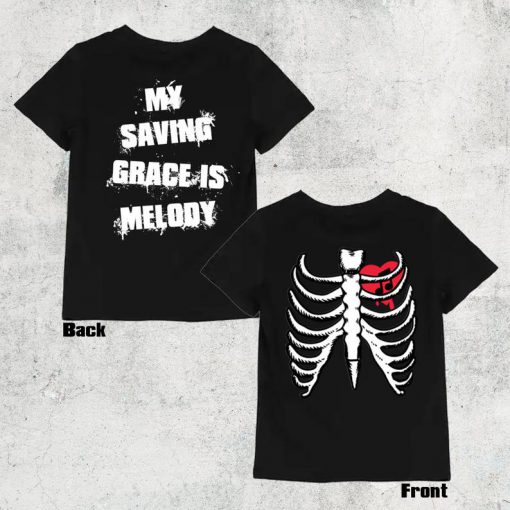 My Saving Grace Is Melody T-Shirt - Skeleton Ribcage Shirt I Love music Heart Holiday Gift Rock n roll Unisex Horror Shirt Leather Jacket Twoside