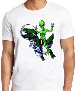 Alien Riding T-Rex T Shirt Galaxy Travel Space Dinosaur Astronaut Cosmic Tee