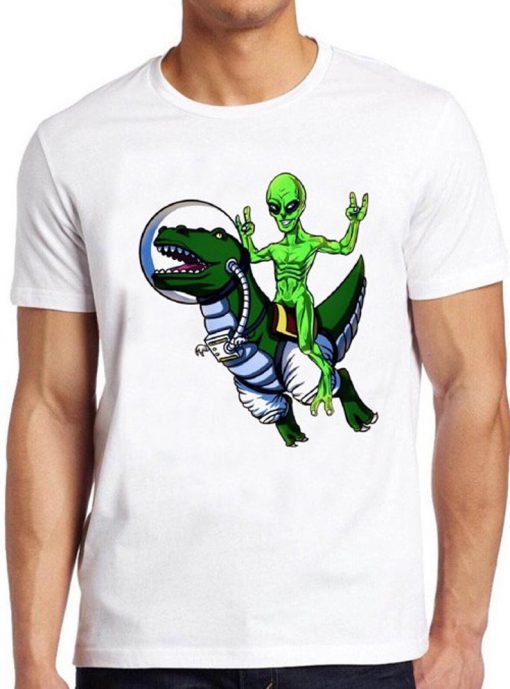 Alien Riding T-Rex T Shirt Galaxy Travel Space Dinosaur Astronaut Cosmic Tee