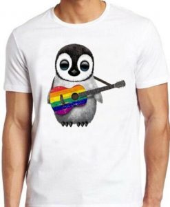 Baby Penguin T Shirt Playing Guitar Gay Pride LGBT Rainbow