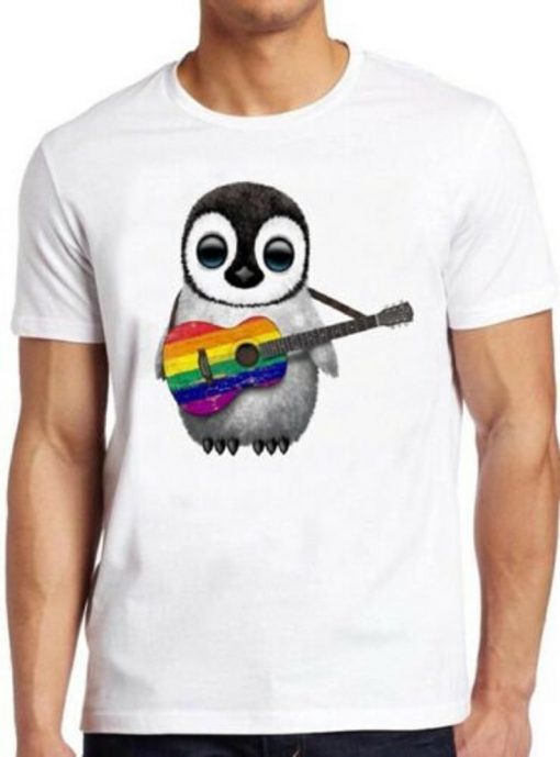 Baby Penguin T Shirt Playing Guitar Gay Pride LGBT Rainbow