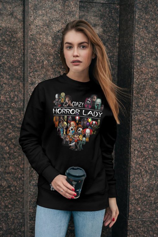 Horror Movie Crazy Horror Lady, Friday The 13th, Nightmare On Elm St, Michael Myers, Freddy Krueger, Halloween Sweatshirt