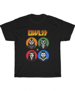 Kiss Rock & Owls All Night T-Shirt With Gene Simmons, Paul Stanley, Peter Criss and Ace Frehley as Cool Kiss Rock Band Owls Shirt