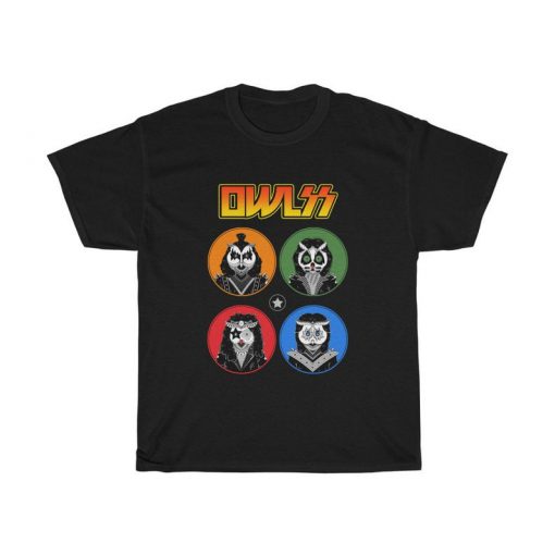 Kiss Rock & Owls All Night T-Shirt With Gene Simmons, Paul Stanley, Peter Criss and Ace Frehley as Cool Kiss Rock Band Owls Shirt