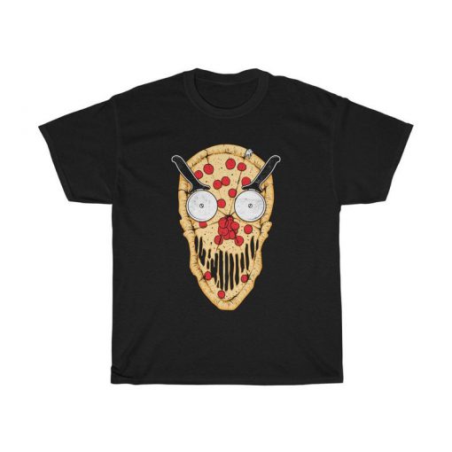 Scary Pizza Skull T-Shirt With Pizza Cutter Eyes -New York Pepperoni Pizza - Chicago Stuffed Pizza Shirt