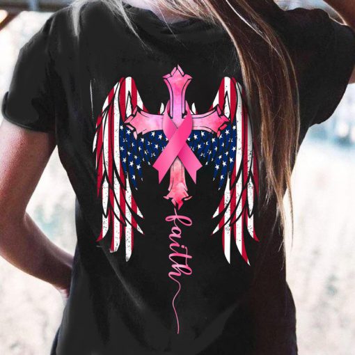 American Flag Wings Cross Faith Pink Ribbon Christian Breast Cancer Awareness T-shirt