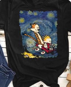 Calvin Hobbes Riding Adventure Starry Night Van Gogh Mashup T-shirt