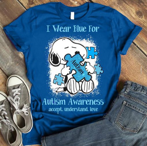 I Wear Blue For Autism Awareness,Accept Understand Love,Snoopy Autism Trending Tshirt