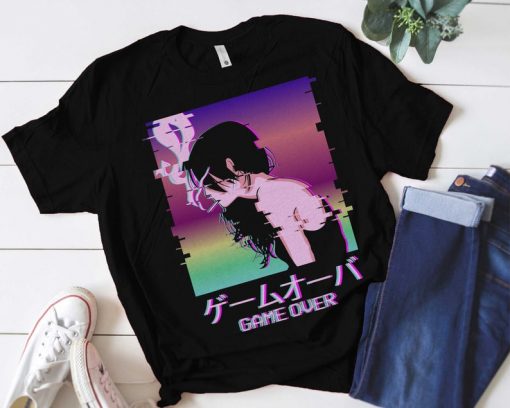 Japanese Vaporwave Sad Anime Girl Game Over T-Shirt