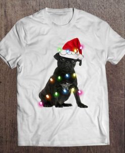 Black Pug Dog Santa Hat Christmas Lights Tshirt