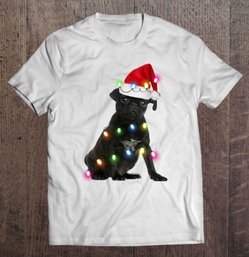 Black Pug Dog Santa Hat Christmas Lights Tshirt